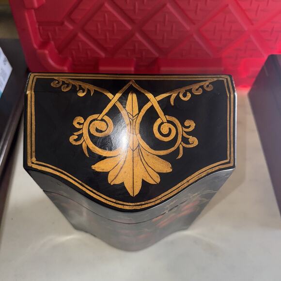 Vintage Oriental Asian Hinged Box Black/Gold With Orange Tree Velvet Lined 12” - Picture 3 of 9